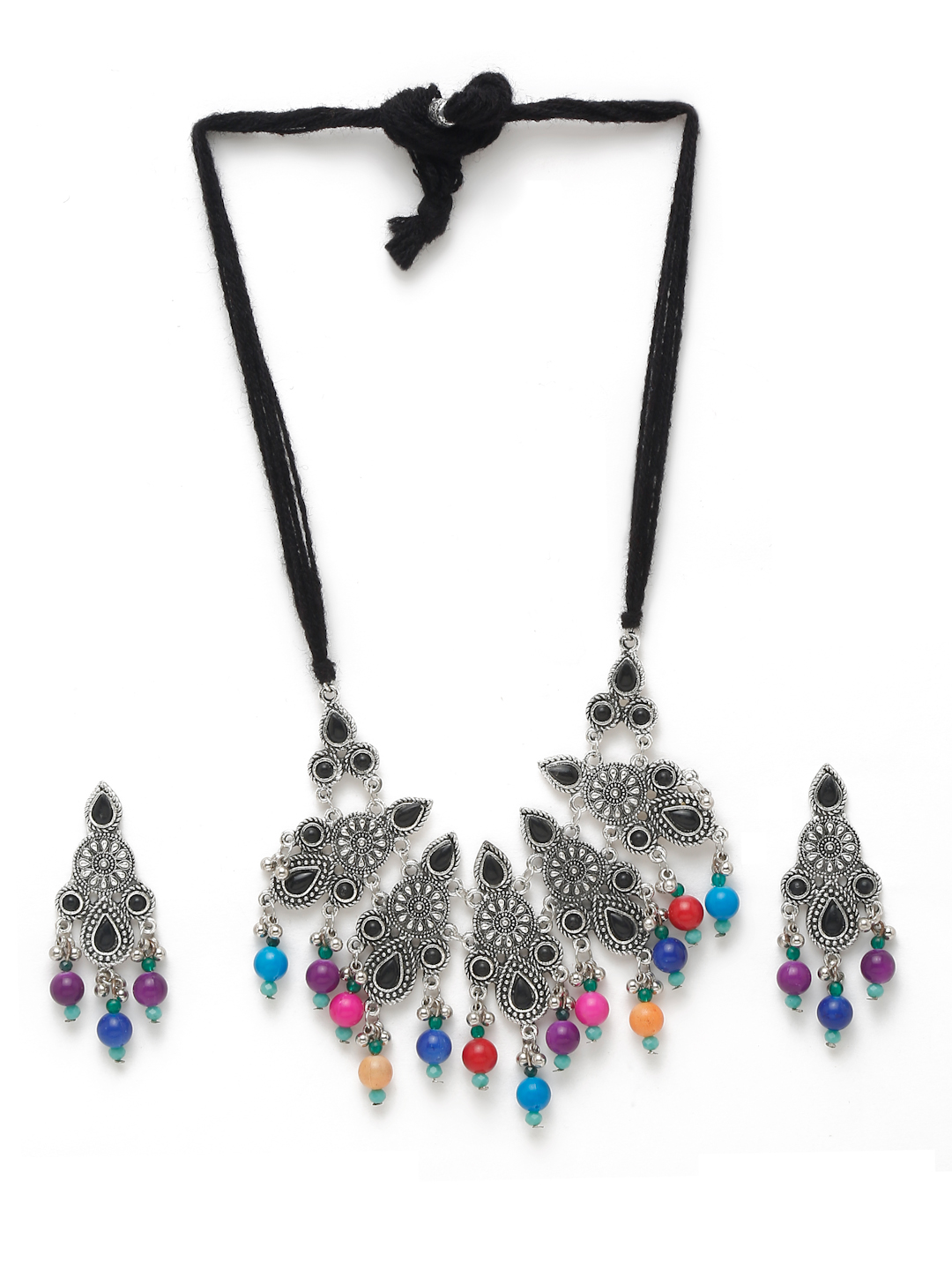 YouBella Jewellery Oxidised Silver Necklace Jewellery Set with Earrings for Girls and Women (Multi) (YBNK_50516)